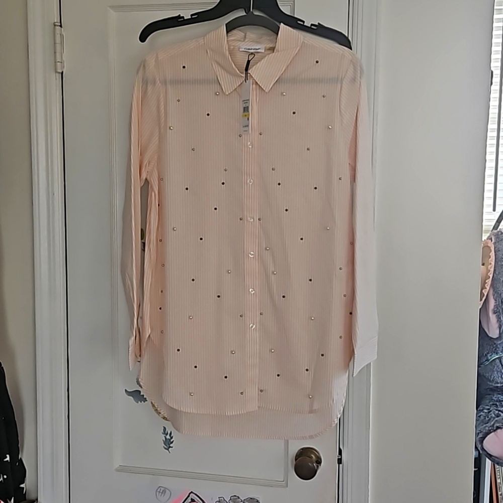 Calvin Klein pink & white striped blouse, size Medium